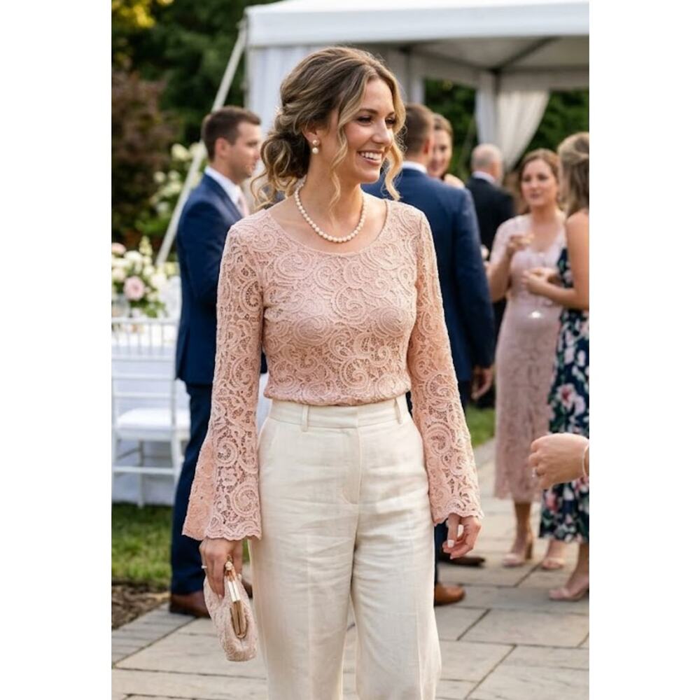 Adrianna Papell Pink Lace Top Bell Sleeve Boho Romantic Blouse Small